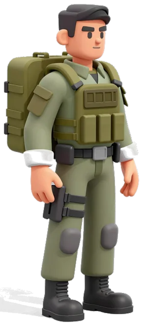 O personagem jogável: um sobrevivente de colete tático e mochila