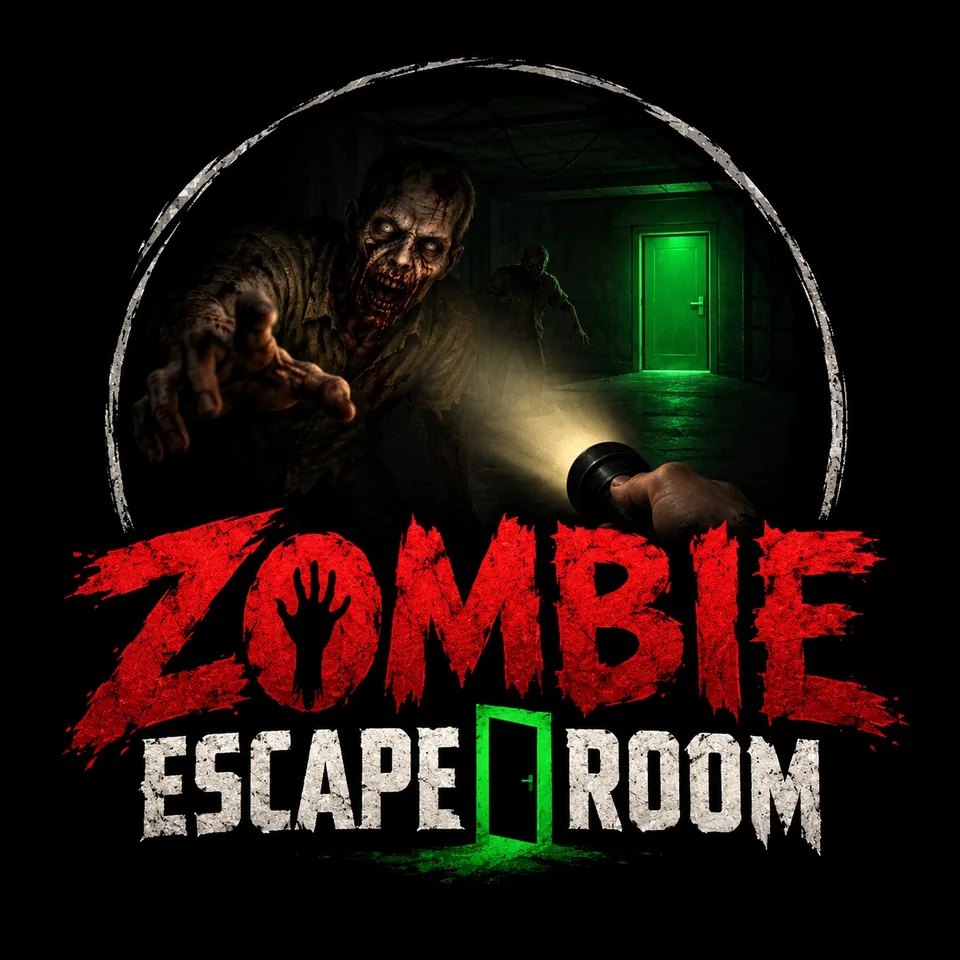 Arte de Zombie Escape Room: um zumbi avança por um corredor escuro iluminado por lanterna, com uma porta de saída verde ao fundo